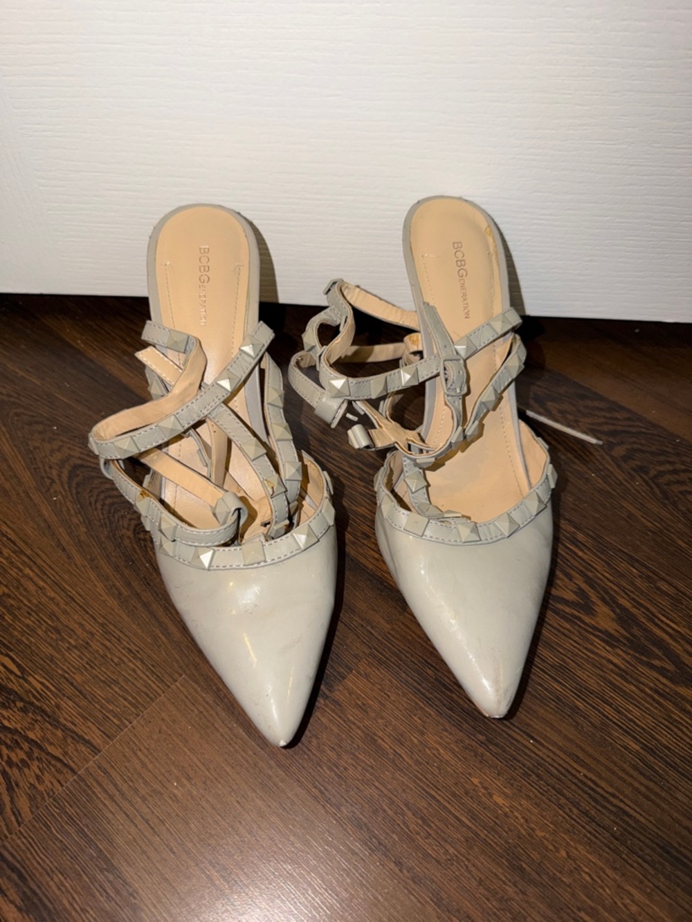 BCBG Light grey Pointed-Toe Studded Strappy Heels